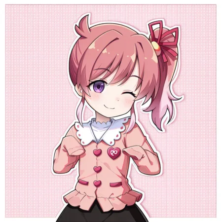 lazypos, character focused, anime girl, short hair, pink highlights, side ponytail, playful pose, winking expression, black skirt, pink blouse, white collar, red ribbon, purple eyes, cute smile, modern outfit, decorative trim, heart buttons, energetic mood, clean background, soft shading, kawaii style, vibrant palette, bopstyle