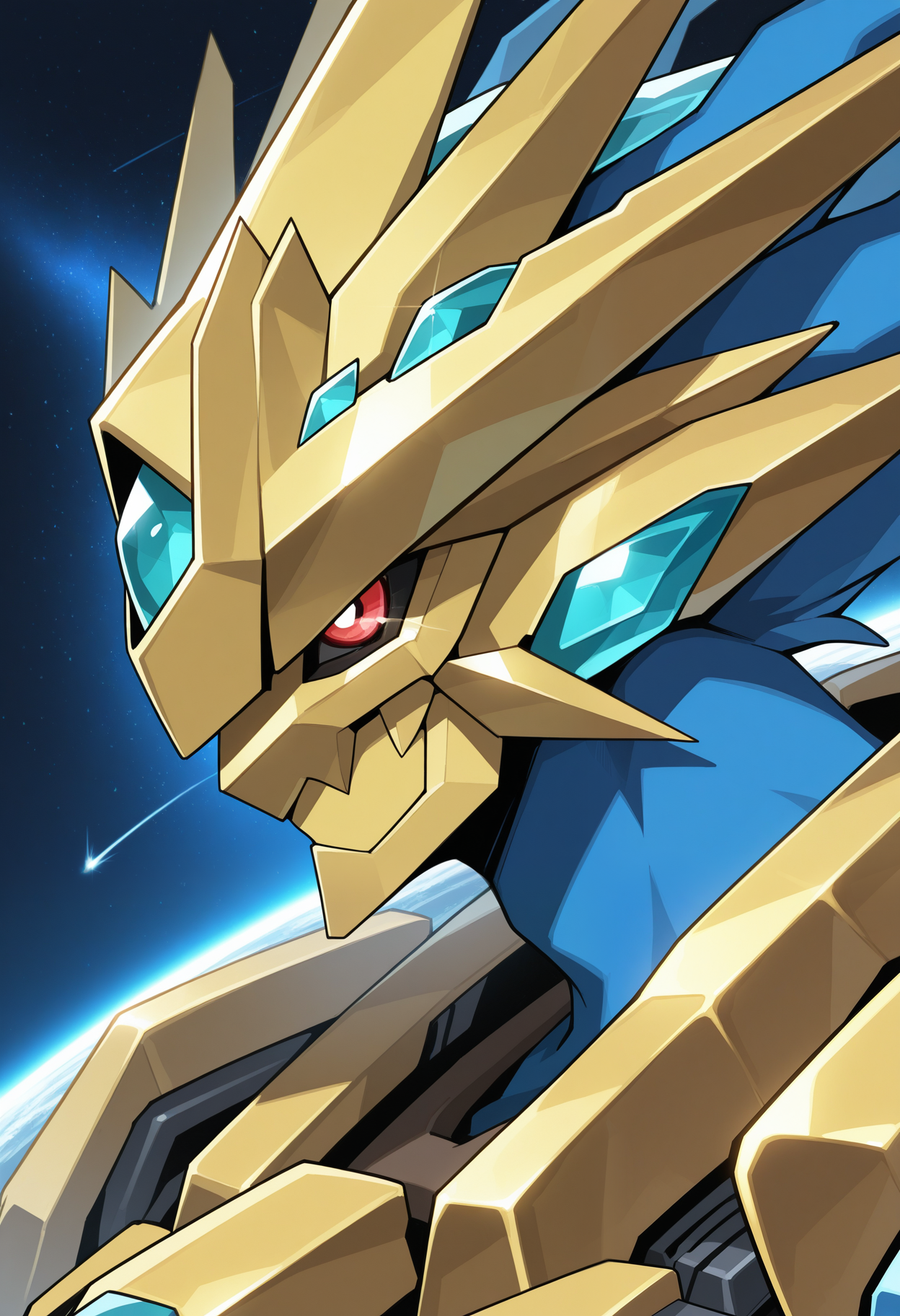 masterpiece,best quality,amazing quality, 1boy, solo, m4gn4X, digimon (creature), black sclera, red eyes, blue skin, helmet, close up, side angle, space, gold mask,