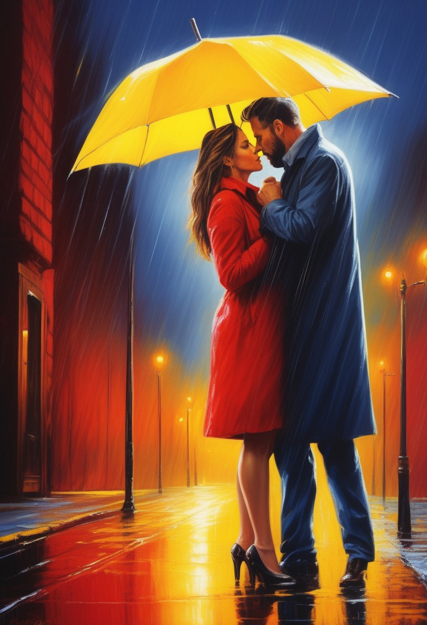 colorfully stylish, primary colors, A sensual portrait of a couple standing in the rain beneath a vivid yellow umbrella, their faces wet and close, locked in a moment of restrained intensity. The scene is hyper-realistic: red city lights reflect in puddles, blue night sky contrasts with their warm skin tones. Their expressions are full of longing, their closeness electric. A stylized, emotional tableau, artistically lit with bold primaries.