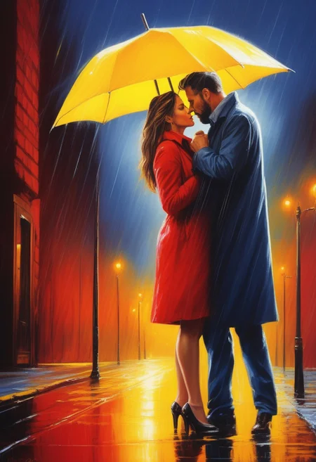 colorfully stylish, primary colors, A sensual portrait of a couple standing in the rain beneath a vivid yellow umbrella, their faces wet and close, locked in a moment of restrained intensity. The scene is hyper-realistic: red city lights reflect in puddles, blue night sky contrasts with their warm skin tones. Their expressions are full of longing, their closeness electric. A stylized, emotional tableau, artistically lit with bold primaries.