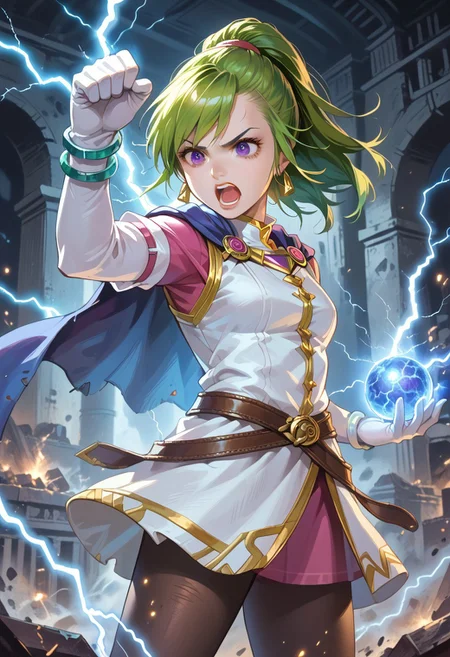 score_8, score_8_up, score_7_up, 1girl, solo, female focus, solo, Karis_GS, green hair, ponytail, bangs, asymmetrical hair, sidelocks, purple eyes, triangle earrings,capelet, blue capelet, small breasts, mandarin collar, coat, white coat, ribbon trim, gold trim, undershirt, pink shirt, pink sleeves, crossed belts, miniskirt, pink skirt, white gloves, elbow gloves, bracelet, black pantyhose, cowboy shot, indoors, underground, ancient ruins, white marble, Ligmagmb, electricity, lightning, glowing, hand above head, open mouth, shouting, serious expression, Lightning ball,