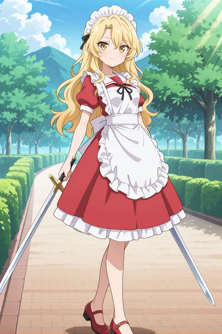 absurdres, highres, masterpiece, best quality, amazing quality, official anime artwork, screencap, anime screencap, outdoors, looking at viewer, light smile, dynamic pose, standing,
<lora:Yumeko_Illustrious:1> yumeko, 1girl, solo, yellow eyes, blonde hair, long hair, wavy hair, small breasts,, maid headdress, black ribbon, red dress, puffy short sleeves, maid apron, white apron, red shoes, holding sword,