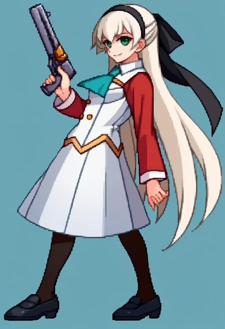 score_9, score_8_up, score_7_up, source_anime, BREAK, solo, 1girl, smile, looking at viewer, <lora:Arcana-Heart-Sprites-pdxl_Fp:1>, simple background, full body, standing, <lora:elie-pdxl-nvwls-v1:1>, zeroElie, black hairband, hair ribbon, long hair, ascot, uniform, long red sleeves, white dress, white hair, green eyes, pantyhose, holding gun, from side,