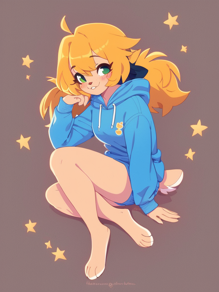 score_9, score_8_up, female, solo, full body, digital art, highly detailed, <lora:reverie:1.0> reverie, bird girl, furry, tan body, yellow hair, blue onesie,