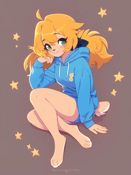 score_9, score_8_up, female, solo, full body, digital art, highly detailed, <lora:reverie:1.0> reverie, bird girl, furry, tan body, yellow hair, blue onesie,