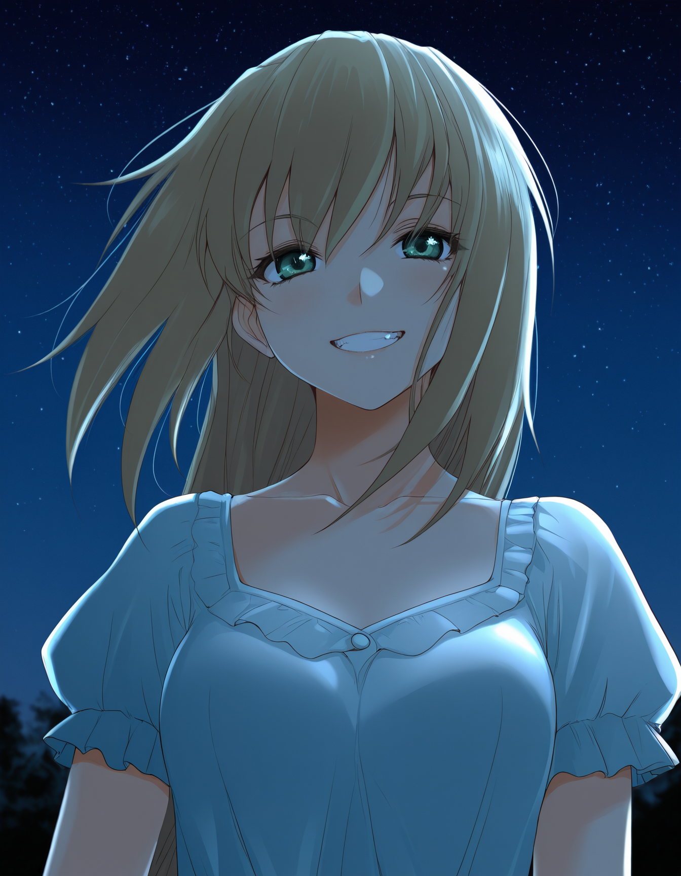 <lora:excel-illustrious-000030:1> excel, blouse, 1girl, solo, grin, night, night sky, outdoors, star \(sky\), upper body, masterpiece,best quality,amazing quality