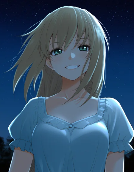 <lora:excel-illustrious-000030:1> excel, blouse, 1girl, solo, grin, night, night sky, outdoors, star \(sky\), upper body, masterpiece,best quality,amazing quality