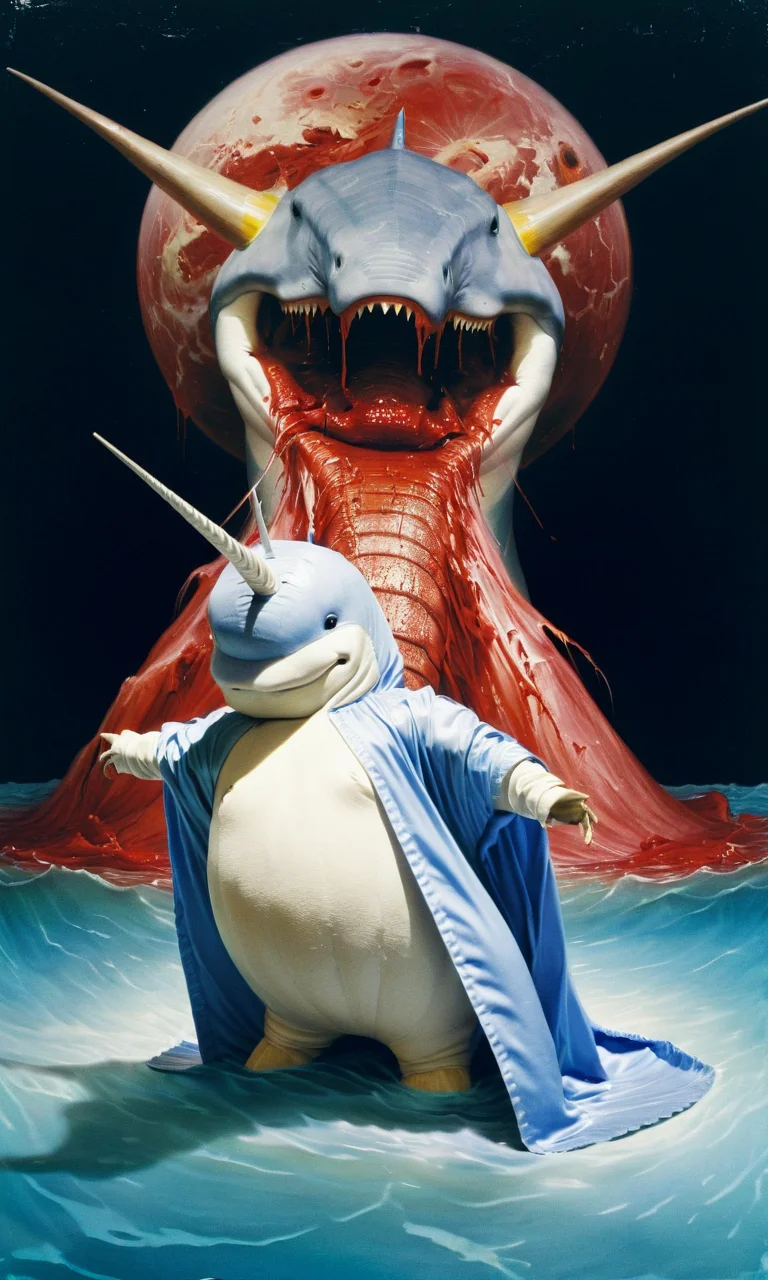 analog photography aesthetic,film grain texture, dressed in a vintage,(narwhal wearing poncho),absence of people,Indosuchus,pleased,action painting,naval sex,sleek body,Franciszek Starowieyski, orgy of violent combat, bloody fight, cool, confident, futuristic, modern, color saturated