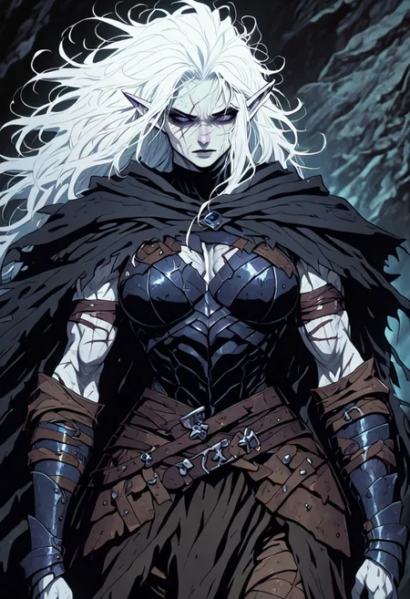 masterpiece, best quality, newest, absurdres, highres, GOTAV1.0, 1girl, pale, white skin, colored skin, pale skin, elf, pointy ears, muscular woman, armor, cape, leather armor, scar, scars on face, white hair, long hair, messy hair,