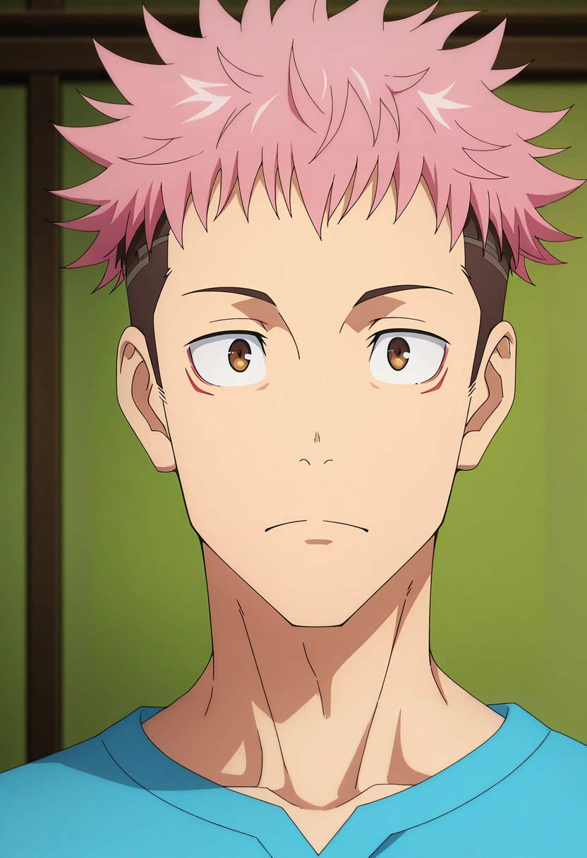 masterpiece, best quality, , anime screencap, , , , anime screencap, anime coloring, official style, 1boy, solo, male focus, <lora:yuuji_itadori_ilxl:0.9>, yuuji_itadori, pink hair, brown eyes, short hair, undercut, spiked hair