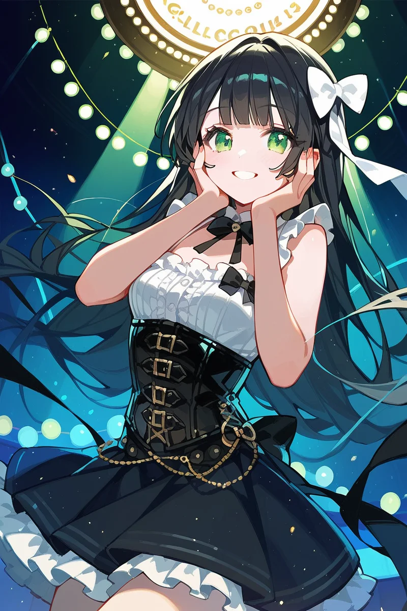 score_9, score_8_up, score_7_up, score_6_up, 1girl,
<lora:Togetsu_Rei:0.8> togetsu, 1girl, long hair, black hair, green eyes, bow, club, stage, looking at viewer, color lights, open shoulders, corset, skirt, ribbon, smile, hands on cheeks,