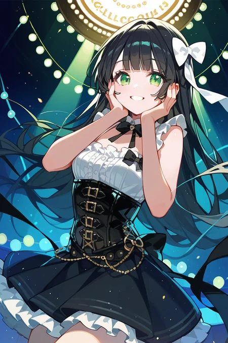 score_9, score_8_up, score_7_up, score_6_up, 1girl,
<lora:Togetsu_Rei:0.8> togetsu, 1girl, long hair, black hair, green eyes, bow, club, stage, looking at viewer, color lights, open shoulders, corset, skirt, ribbon, smile, hands on cheeks,