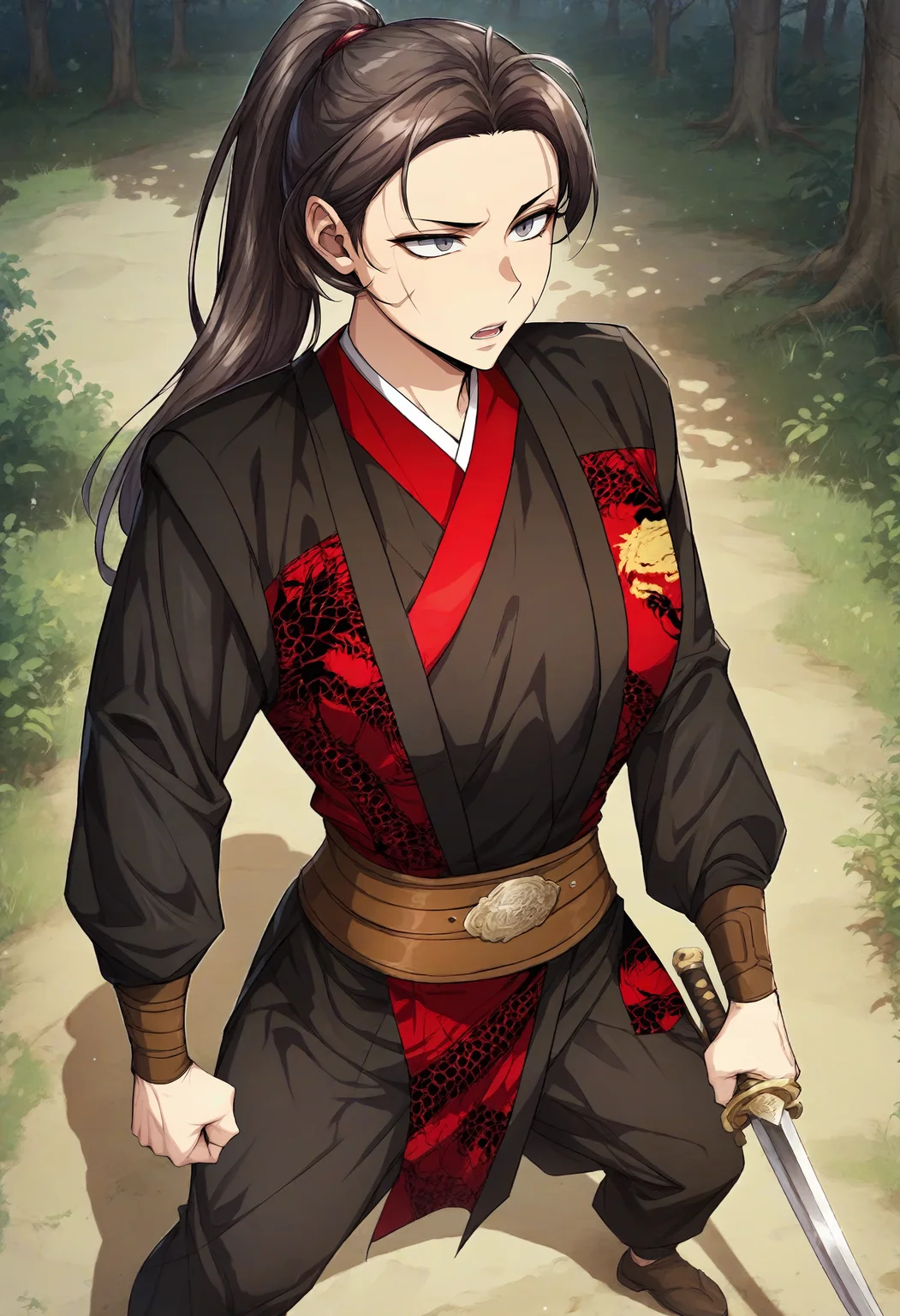score_9, score_8_up, score_7_up, score_6_up, source_anime, rating_explicit, 1girl, (solo:1.1), huge breasts, <lora:So Ryu prefectPonyxl:0.9> ponytail, long hair, brown hair, grey eyes, black hair, (scar on face:0.8), chinese clothes, black robe, red kimono, dragon print, brown belt, long sleeves, black pants, frown, serious, open mouth, forest, outdoors, looking ahead, holding sword, spread legs, standing, sword, clenched hand, legs apart, from above
