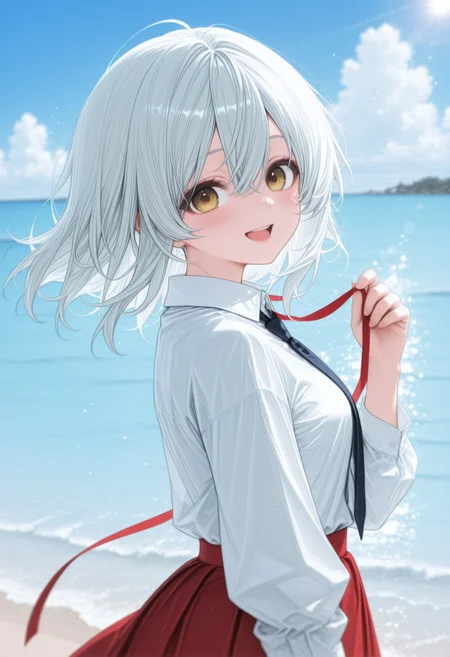,1girl, solo, long hair, looking at viewer, blush, smile, open mouth, shirt, skirt, long sleeves, bow, ribbon, hair between eyes, white shirt, upper body, yellow eyes, white hair, :d, outdoors, necktie, sky, collared shirt, day, medium hair, cloud, water, blurry, from side, blurry background, floating hair, depth of field, red skirt, ocean, lens flare, holding ribbon,,masterpiece,best quality,newest,absurdres,highres,very awa, 