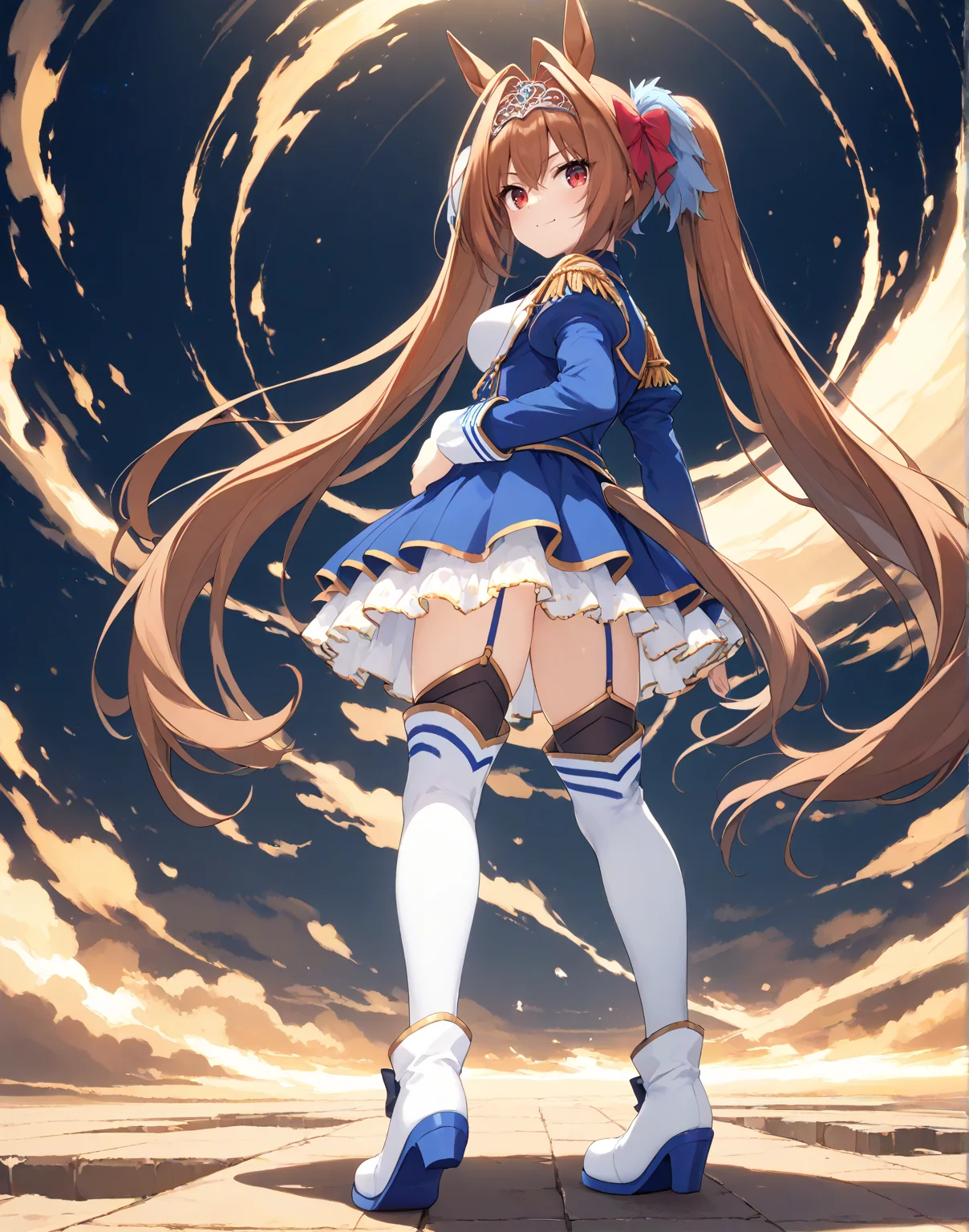 score_9, score_8_up, score_7_up, official art, masterpiece, high quality, megami magazine, official style, game cg, 1girl, (looking at viewer:1.4), (closed mouth:1.0), full body, smile, , open stance, from behind, from below, patterned background,,
Dasuka,horse tail, horse ears, brown hair, very long hair, bow, hair intakes, red eyes, <lora:Dasuka-ponyXL:1>,
Dasuka_Race, twintails, epaulettes, skirt, long sleeves, tiara, garter straps, thighhighs, white footwear, boots,
,