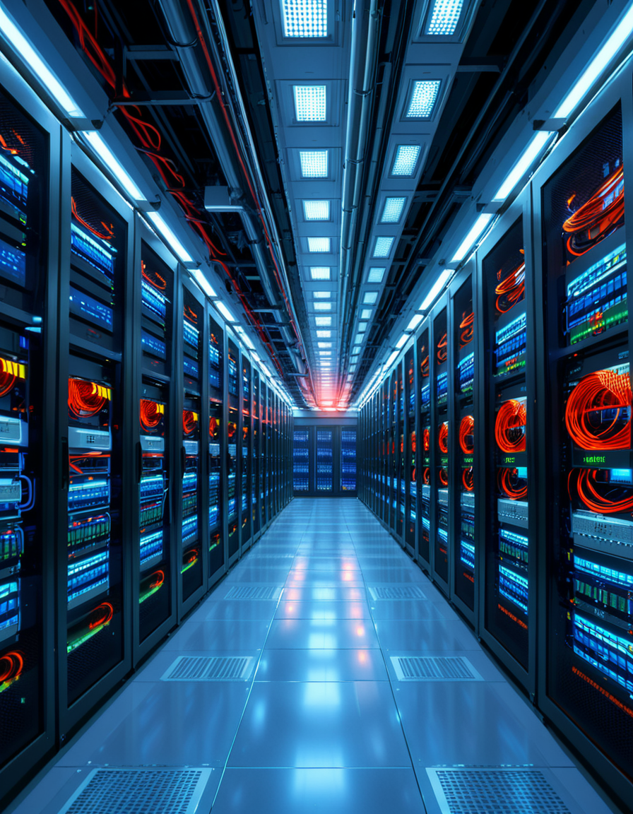 A high-security server room with dim, cold blue lighting and rows of towering black server racks filled with blinking LED indicators. The air is sterile, with a faint hum of cooling fans and the soft beeping of data transfers. Thick, reinforced cables snake across the floor, connecting the machines to a central security terminal displaying encrypted code on multiple high-resolution monitors. The walls are lined with biometric scanners, surveillance cameras, and warning signs indicating "Restricted Access" and "Cyber Threat Level: High." A red emergency light subtly glows in the background, casting a sense of urgency. The atmosphere is ultra-modern and highly secure, evoking the feeling of a top-secret data vault or cyber warfare control center.
<lora:SDXLFaeTastic2400:0.4> <lora:extremely_detailed:0.4> extremely detailed, <lora:high-security_s3rv3r_r00m:1>,high-security s3rv3r r00m, Masterpiece,best quality,hi res,8k,hi res,8k,award winning,(sharp focus, intricate, highly detailed),