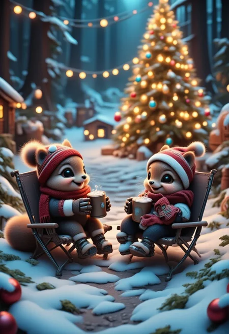 the general scene is captivating the space of the photo,
cute robotic cybernetic toys-animals squirrels, bunnies, in New Year's scarves, sweaters and hats, sit comfortably on camp chairs and drink hot chocolate from cute colored mugs on a snow-covered meadow,
in the background a Christmas tree decorated with bright balls and glowing garlands, snow-covered firs around,
a cozy evening warm festive cheerful atmosphere of Christmas and New Year,
a masterpiece, small intricate details, attention to detail, high resolution, bright saturated colors, deep saturated shadows, large depth of field, stunning contrast,