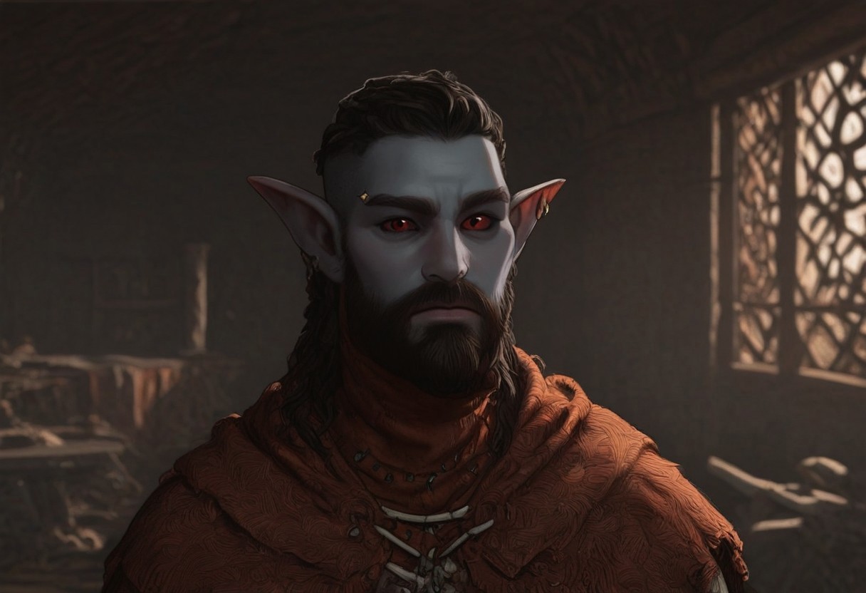 solo, short pointy ears, piercings, random elf face, aquiline features, male dark elf, masculine, beard, weathered skin, large nose, athletic build,  animated realism, zoomed out, Syrian features, torso, brass pipes and gears, intricate architecture, dwarven masonry, dwemer fixtures, white-green light, gloomy lighting, ancient ruins, interior, stone tiled floor, grey-blue skin, mahogany and ivory clothes, medium armor, bone plate armor, ivory straps and fittings, grey wood neckguard, dark red sclera, black pupils, distant mushroom forest, blue-green light, neon, highly detailed, defined features, looking at viewer, three quarters view, from front, dynamic lighting, 36 years old, light and shadows, patterned cloth, annoyed expression, expressive eyes, detailed medieval clothes, long hair, wavy hair, thick hair, beaded hair, braided hair, under cut hair, semirealistic, alien elf, spanish features, jewish features, black hair, dark red hair, umber skin, sharp features, pastel green berber print cloak, nighttime, high detail, absurdres, pretty eyes, detailed eyes, red eyes,