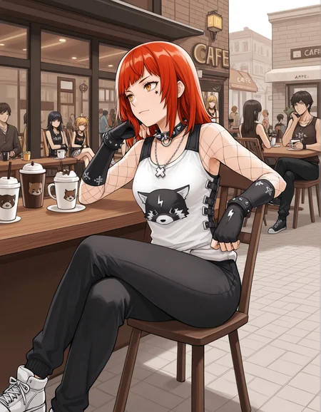 masterpiece,best quality, absurdres, highres, <lora:Irene Illu 1:0.9> ireneillu, black gloves, spiked collar, fishnets, tank top, cross necklace, black pants, sneakers, crossed legs,