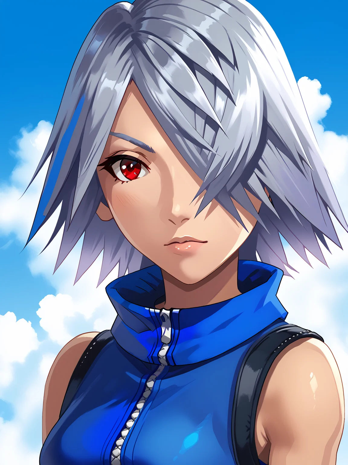 1girl, <lora:Fuu-Fuujin _ KH2-FF8_Pony:0.85> fuu \\(kingdom hearts\\), score_7_up, grey hair, red eye, hair over eye
<lora:Pony_DetailV2.0:1> <lora:zPDXL3:1> <lora:zy_Realism_Enhancer_v1:1>
blue jacket