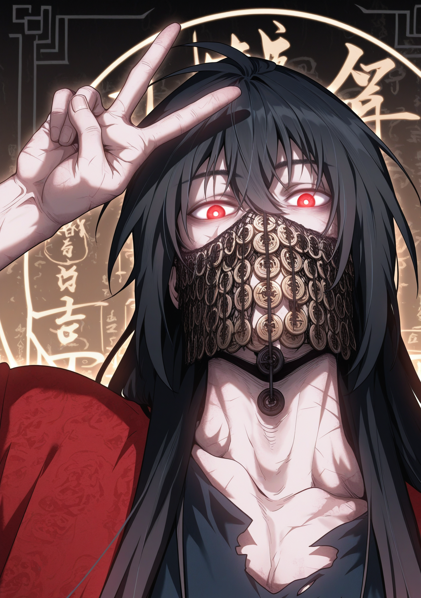 masterpiece,best quality,amazing quality,expressionless,
1boy,looking at viewer,<lora:lihuowang2-000005:1>,lihuowang,long hair,black hair,scar,glowing eyes,copper coin veil,red clothes,torn clothes,V,