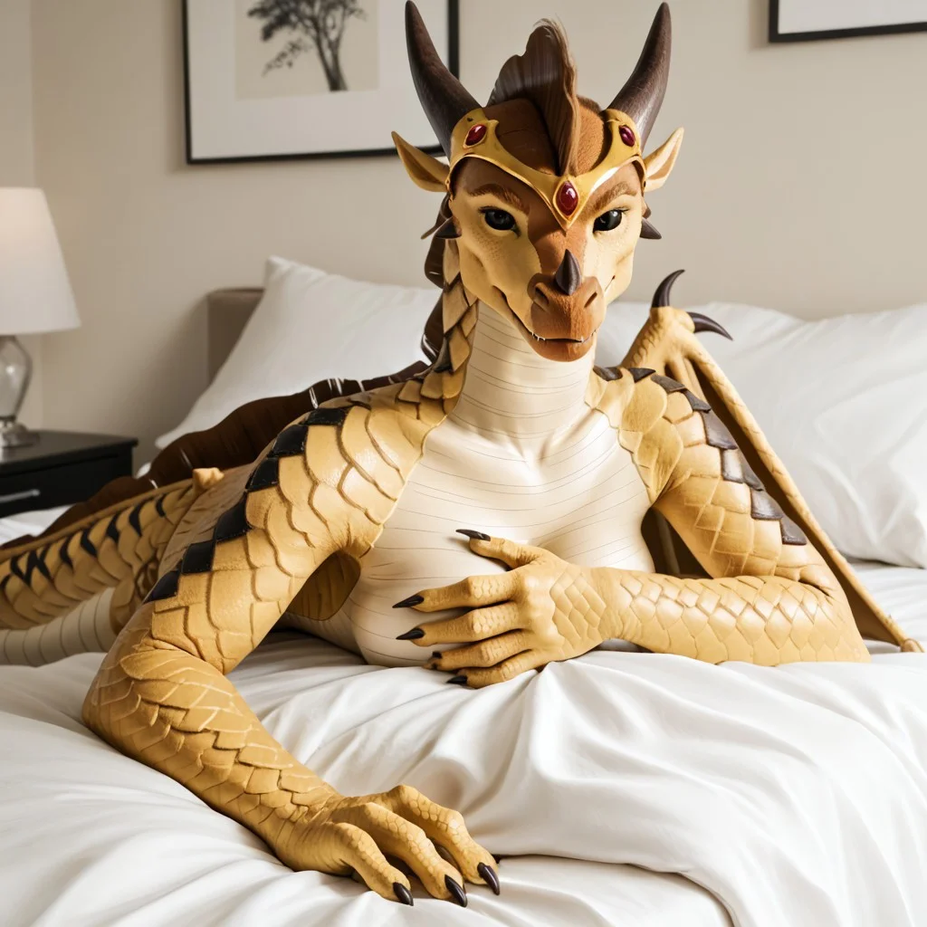 score_9, score_8_up, score_7_up, score_6_up, score_5_up, score_4_up, masterpiece, high quality, realistic, detailed, best quality, white bed, solo, rating_safe, source_furry, bedroom, smiling, seductive, bright room, natural light, looking at viewer, lying on belly, (breasts, arm covering breasts), Blister_wof, black scale pattern, black sclera, black eyes, female, 1girl, circlet, Sandwing, dragon, yellow scales, horn, claws, wings, tail, tail barb, anthro