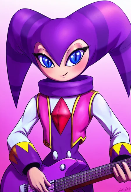 NiGHTS, 1other, jester, blue eyes, large eyes, long eyelashes, androgynous, impossible clothes, purple jester cap, ((purple jester cowl)), purple bodysuit, red gem, purple and yellow cuffs, red sleeveless vest, long white sleeves, noseless, humanoid, perfect anatomy, solo, (insanely detailed, beautiful detailed face, masterpiece, best quality), (sharp), score_9, score_8_up, score_7_up, score_6_up, highest quality, 8K, RAW photo, source_anime, perfect face, perfect hands, playing_instrument, electric_guitar