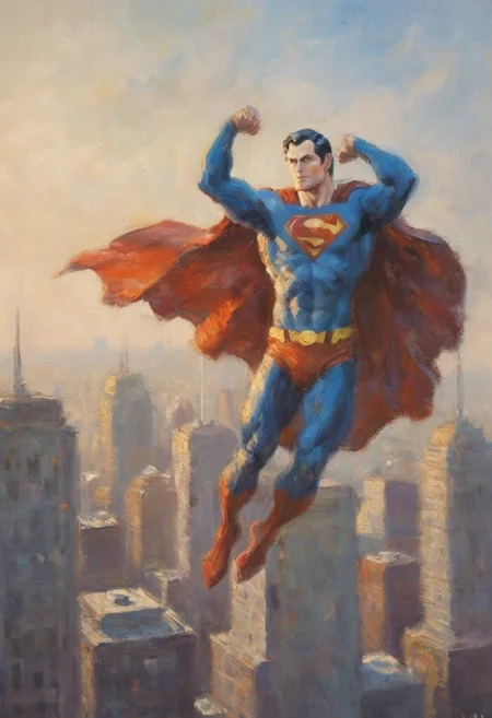 impressionist painting portrait of superman in flight above metropolis city late afternoon aerial view majestic pose