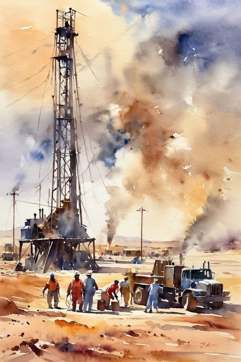 Watercolor painting of Watercolor,oil well mining scene in the Middle East desert,tent,equipment,workers are busy working,the shadow of the pumping unit in the distance,dark clouds,watercolor,Vibrant,beautiful,painterly,detailed,textural,artistic,<lora:Watercolor _sdxl:1>, Watercolor style,