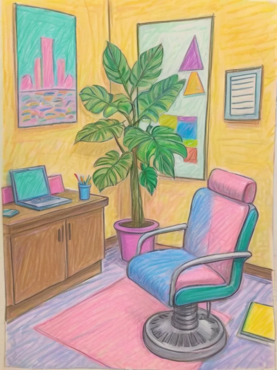 Childrens (hand drawn:1.2) stick figure drawing of vaporwave dentist office waiting room, monstera leaves, tooh art, drawn on ruled paper, lined paper, scribble doodles, icons, rough (sketchy linework:1.2), sketches in (pencil:1.2), crayons, pastel colors, 1990's influence, <lora:xl Crayons:1.3> in the style of children's crayola