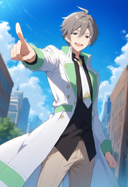 <lora:Takuma_Seiya>,seiya kibakura,1boy,male focus,solo,pointing,sky,necktie,smile,cloud,open mouth,day,outdoors,blue sky,pants,looking at viewer,clenched hand,black shirt,building,standing,coat,white-green coat,blurry,white-yellow necktie,masterpiece,high score,great score,absurdres,
