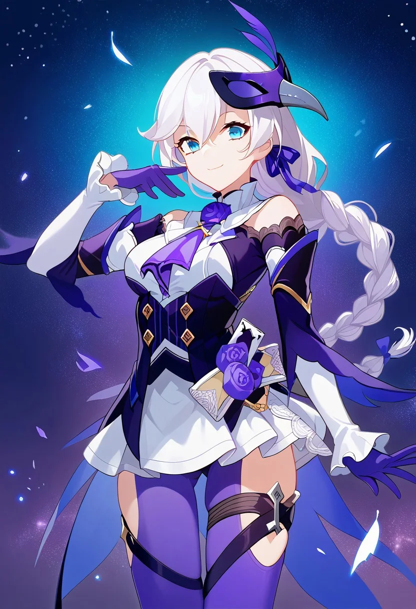 score_9, score_8_up, score_7_up, source_anime, good anatomy, vibrant colors, 1girl, solo, KallenRogueSixthSerenade, white hair, braided hair, blue eyes, hair between eyes, violet hair ribbon, violet ascot, violet roses, white collar, frilled collar, white undershirt, dark purple overshirt, golden buttons, bare shoulders, shoulder cutout, white sleeves, purple gloves, white skirt, miniskirt, purple pantyhose, thigh cutouts, cards, thigh straps, raven mask, purple feather, standing, official art, smiling, posing, contrapposto, starry sky background