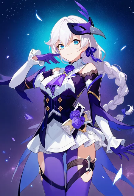 score_9, score_8_up, score_7_up, source_anime, good anatomy, vibrant colors, 1girl, solo, KallenRogueSixthSerenade, white hair, braided hair, blue eyes, hair between eyes, violet hair ribbon, violet ascot, violet roses, white collar, frilled collar, white undershirt, dark purple overshirt, golden buttons, bare shoulders, shoulder cutout, white sleeves, purple gloves, white skirt, miniskirt, purple pantyhose, thigh cutouts, cards, thigh straps, raven mask, purple feather, standing, official art, smiling, posing, contrapposto, starry sky background