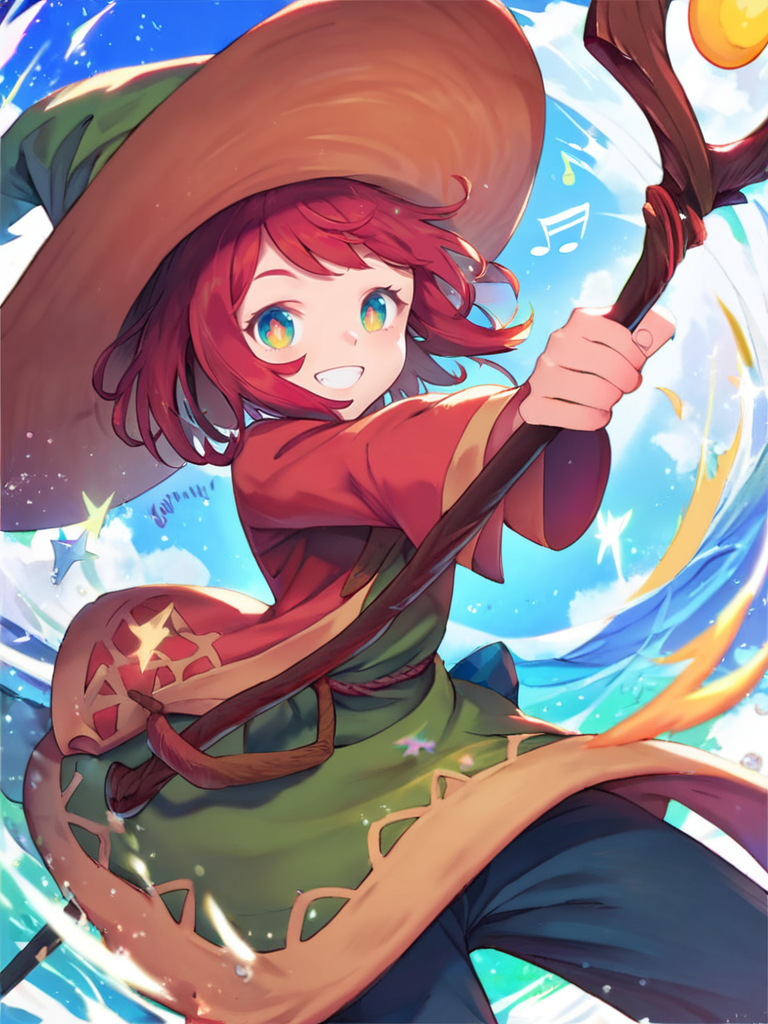 score_9, score_8_up, score_7_up, cute girl, musical note, tunic, magical staff, red hair, big hat, epic pose, light smile, bright pupils, particles around, splash art, pants, looking at viewer, cowboy shot, dynamic pose, smile, cute, wide shot, solo, dutch angle, detailed background,
 <lora:VinhnyuXLP_style:1> VinhnyuXLP