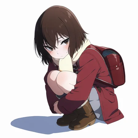 pixiv masterpiece, score_9, score_8_up, source_anime, score_7_up, best quality, high res, absurd res,
<lora:Kayo_Hinazuki_Illustrious_v19-000013:1>,kayo_hinazuki_il, 1girl, brown_eyes, short_hair, brown_hair, boots, dark_grey-purple_socks, (dark_red_backpack:1.1), grey_skirt, red_coat, coat_over_skirt, scarf, full body, solo, simple background, white background, detailed eyes,