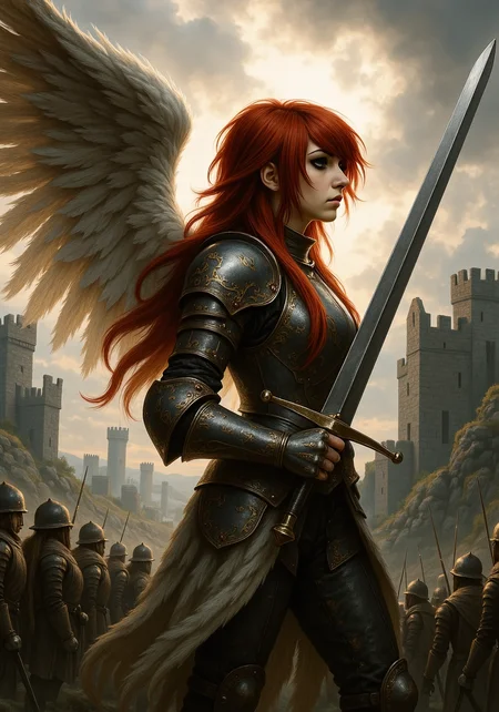 She has a distinctive 2000s scene/emo haircut: thick, sharply angled bangs that sweep across one eye, with long layered strands and long sidelocks that drape in front of her shoulders. Her eyes are framed by bold black winged eyeliner.A red-haired angel with windswept hair stands in a medieval-style fortress atop a craggy hill, her long plate armor adorned with golden engravings. She grips a massive greatsword, its blade glowing faintly with divine energy, as she overlooks the battlefield below. Her wings, larger than most, seem to shimmer with light as she spreads them wide, preparing to take flight. Around her, soldiers in tattered armor look up in awe, as if they are witnessing the arrival of a divine protector sent to turn the tide of battle. In the distance, enemy siege towers loom under a stormy sky.<lora:2000s_Scene_Emo_Hair.safetensors:1.0:1.0>