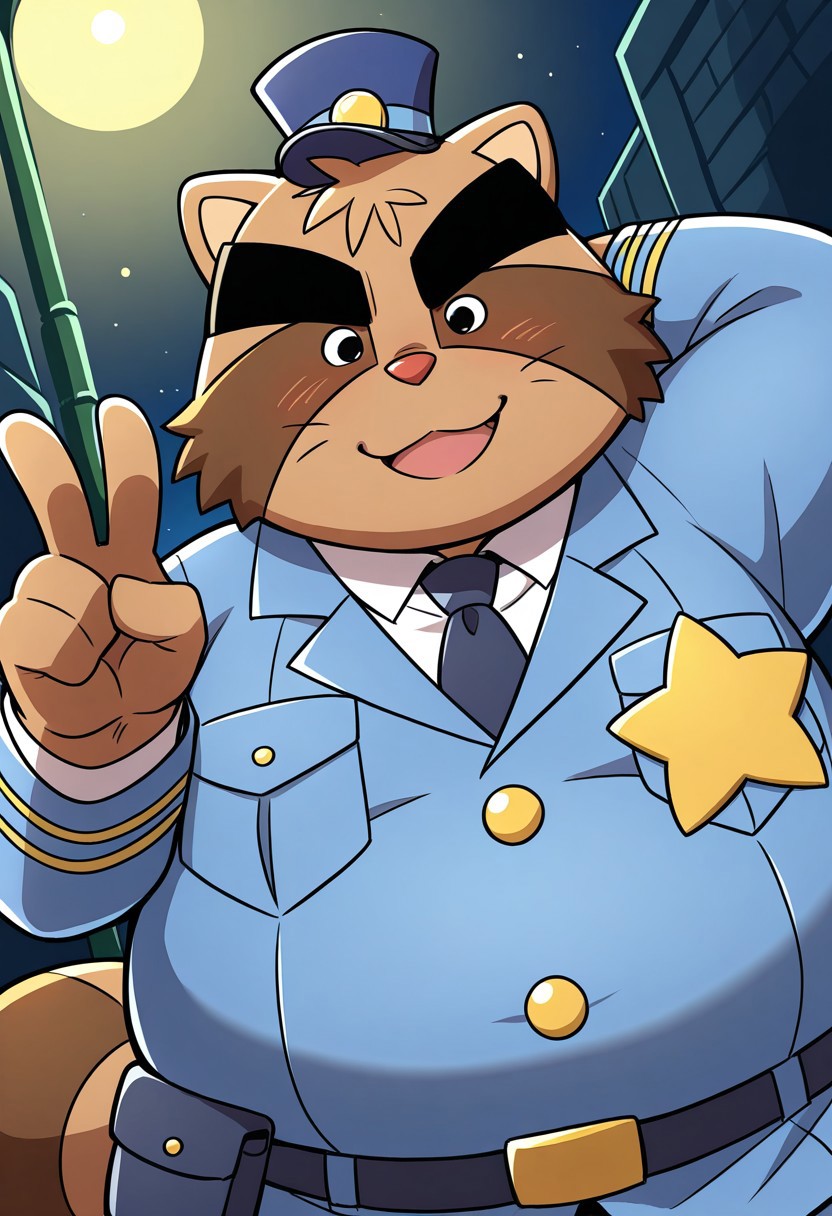 detail background, anthro raccoon, matute male, 1boy, brown/body fur, striped tail, thick black eyebrows, short ears, fat, overweight, pointed ears, tail, cartoon style, round body, black eyes, BREAK navy blue uniform, black belt, police badge, front pocket, button-up shirt, black shoes, police hat, blue cap, gold badge, utility belt, white undershirt, visible undershirt, white t-shirt, inner shirt, navy blue tie, BREAK alleyway, outside, dutch angle, hand behind head, peace sign, hand gesture, looking at viewer, grinning, smile, close up, upper body, low angle, at night, detail lighting, leaning forward