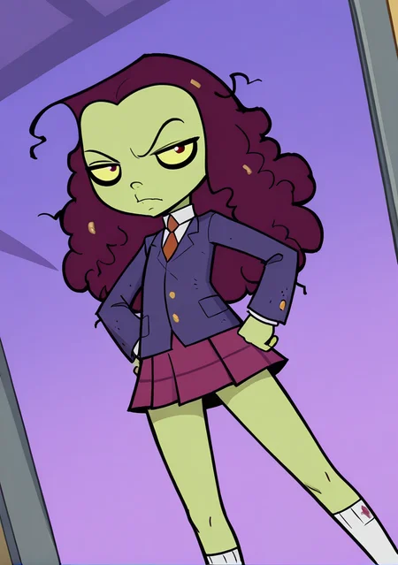 zPDXL3, handsfree, masterpiece, best quality, amazing quality, very aesthetic, 1girl, solo, zoe_z, green skin, yellow sclera, purple hair, school uniform, colored skin, skirt, necktie, looking at viewer, sexy pose, dynamic angle, hot girl, cute <lora:Zoe_-_Rotting_Hills:1>