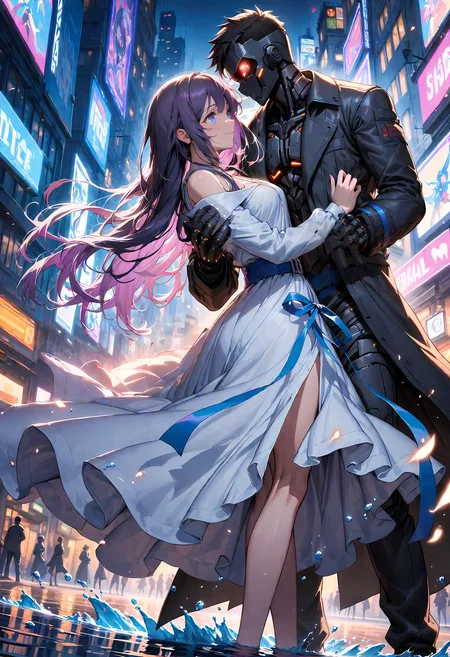 (1man), 1girl, best quality, masterpiece, very aesthetic, absurdres, ultra detailed, intricately detailed
, woman dancing with male shadow, dancing on waves of water, city street
, mysterious cyberpunk dream, cinematic shot
BREAK male cyborg, (tall), (long black trenchcoat), torn black hakama, dancing, (black featureless shadow face), blue ribbon belt
BREAK female wearing long white flowing dress, blue ribbon belt, dancing, longing gaze, slight smile, black hair, purple hair, multicolored hair, blue eyes
<lora:Hyper-SDXL-12steps-CFG-lora:1> <lora:add-detail-xl:0.2> <lora:spo_sdxl_10ep_4k-data_lora_webui:0.2>