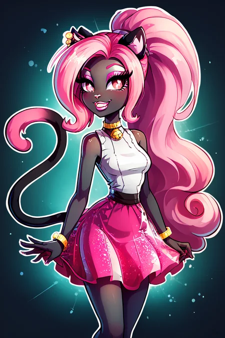 score_9, score_8_up, score_8, medium breasts, (curvy), cute, eyelashes, ,,, , ,,, zzCattyNoir, pink eyes, pink eyeshadow, long hair, pink hair, ponytail, tail, very long hair, black skin, cat ears, cat tail, makeup, sleeveless, pink skirt, idol, jewelry, eyeshadow, high heels, lipstick, <lora:CattyNoir_MH_PDXL:1.0>, ,,,, BREAK, smile, looking at viewer, ,,, abstract background, white outline, cowboy shot, ,,, embedding:zPDXL, Expressiveh, ,,, <lora:theOtherHalfPDXL:0.8>, <lora:CatalystStylePDXL:0.6>, <lora:SDXLFaeTastic2400:0.5>, <lora:Expressive_H-000001:0.4>,