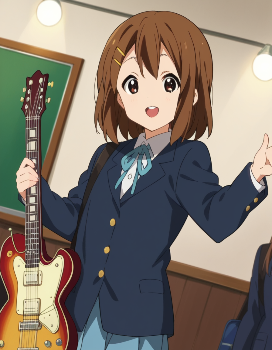 score_9, score_8_up, score_7_up, source_anime,
yuihirasawa, <lora:yui-hirasawa-s2-ponyxl-lora-nochekaiser:1>,
yui hirasawa, brown eyes, brown hair, hair ornament, hairclip, medium hair,
black pantyhose, blazer, blue jacket, blue ribbon, blue skirt, buttons, collared shirt, jacket, long sleeves, neck ribbon, pantyhose, pleated skirt, ribbon, sakuragaoka high school uniform, school uniform, shirt, skirt, white shirt, winter uniform,
indoors, stage, stage lights, guitar, instrument, holding instrument, holding guitar, open mouth, smile,
looking at viewer, dutch angle, cowboy shot,
