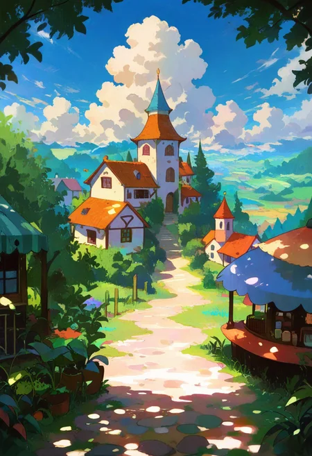 masterpiece, best quality, absurdres, open sky, big fluffy clouds,
dappled sunlight, old timey shop, multi-story fantasy building, quaint fantasy village