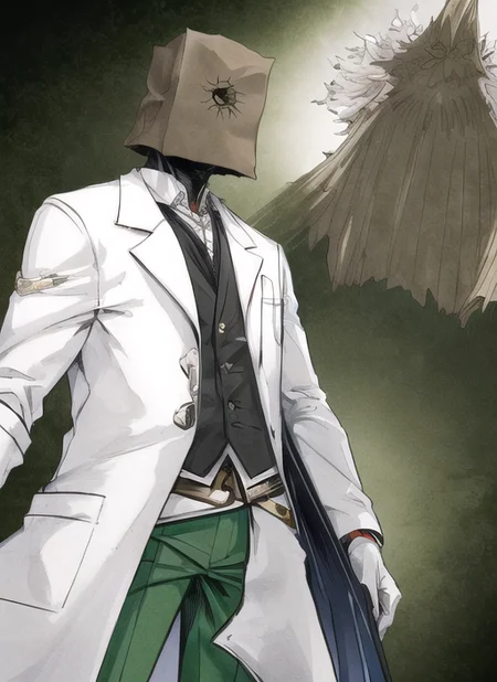 masterpiece, best quality, best shadow, (paper bag_over_head:1.3), (1boy:1.4), faust, lanky, scrawny, (white lab coat:1.4), <lora:bag_over_head_v2:1.3>, huge scalpel, green pants, faust \(guilty gear\),