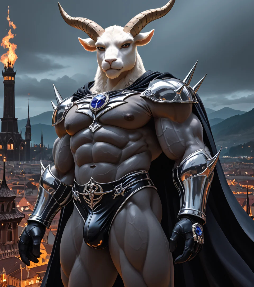 masterpiece, best quality, newest, absurdres, highres, furry, perfect anatomy,
8K, In'ei, chiaroscuro, absurd details, masterclass screenshot, subsurface reflections, subsurface light, subsurface light scattering, ambient lighting, atmospheric effects, deep dark shadows,
<lora:Goat_(Pony)_(AD):1> goat, muscular,
soft detailed anime background, exterior, scenery, midnight, dark night,
dutch angle, perfect proportions, leather armored, warrior, leather gloves with intricate designs, voluminous silk cape with intricate designs, supervillain briefs, bare thighs, biceps, shoulders, fantasy armor, end boss, opulent, decadent, goat headed, colored furry body, manly bulge, Satanic, Satanic colors, side view, cowboy shot, regal elegant look, desirable and frightening to look at,
impressive physique, peak physical condition, large shoulders, large biceps, wide thick upper body, thick thighs, thick legs, thick arms, large thick wide rounded pecs, abs,
EZRealPONYXL, zPDXL, zPDXLxxx,