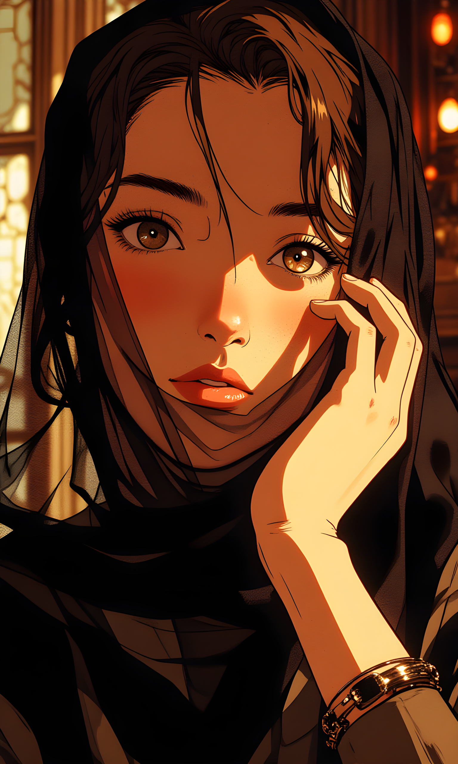 A woman's face is the central subject, partially obscured by a sheer black veil that drapes over her head and shoulders. The camera captures her in close-up, focusing on her expressive eyes and the delicate texture of the veil. Soft, diffused lighting highlights her features, creating gentle shadows that add depth to her face. The light source appears to be natural, possibly from a window or softbox, which enhances the intricate details of the veil and her skin. In the background, there are blurred elements that suggest an indoor setting, with warm tones adding to the intimate atmosphere. The composition centers on the woman's face, with her hand gently touching the side of her face, drawing attention to her expression and the texture of the veil. The overall mood is one of mystery and elegance, enhanced by the interplay of light, shadow, and the delicate fabric.
BREAK anime, d13s3lp2nk, bboil artist style, OBdonman, Anime art, <lora:FLUX\Anime Art V3:0.2>, <lora:FLUX\Synesthesia:0.2>, <lora:FLUX\RetroAnimeS1.1:0.5>, <lora:FLUX\Flux-jijia:0.1>, <lora:FLUX\It's a LoRA for portraits, BUT! actually specialized in backgrounds. v1.0:0.1>, <lora:FLUX\GLSHS:0.2>, <lora:FLUX\Dieselpunk Delight - s0_9 g4:0.4>, <lora:FLUX\OBdonman, anime0style portrait:0.1>