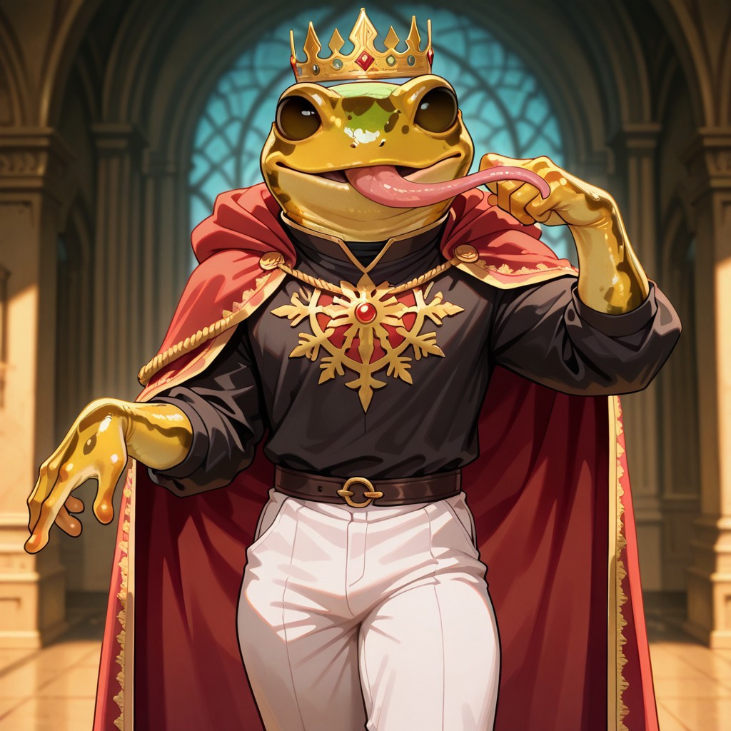 masterpiece, best quality, amazing quality, very aesthetic, solo,
grungrace, anthro frog,
1 boy, male focus, golden skin, red mantle, royal mantle, golden crown, long tongue, black shirt, white pants,
looking at the viewer, posing, 
blurred background, fantasy background,