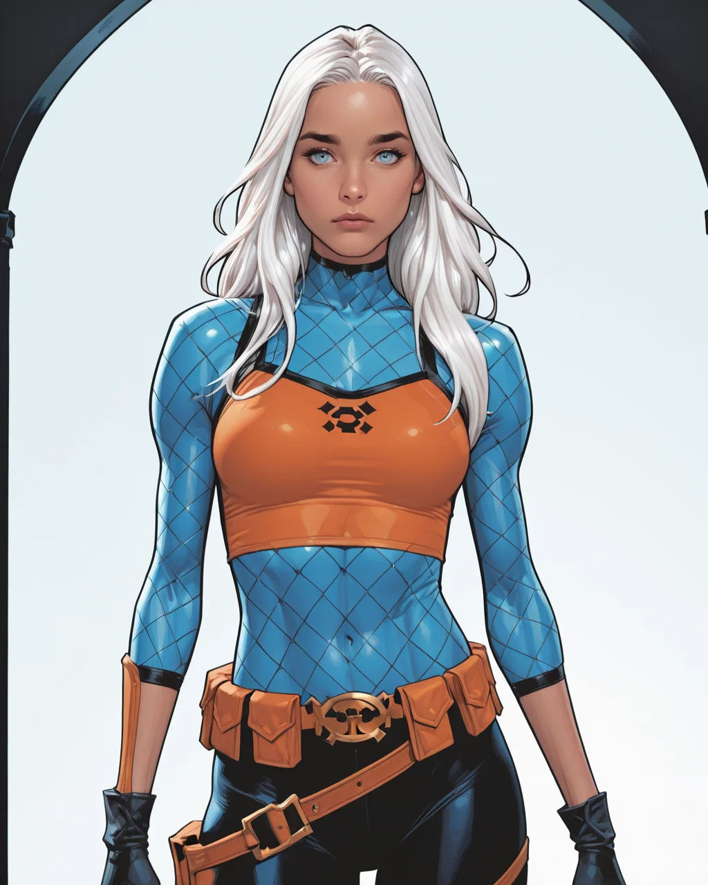 masterpiece, best quality, absurdres, perfect quality, absolutely eye-catching,   <lora:JeffSpokesIllus:1> jspokes,  <lora:RavagerIllus:0.9> rosewilson, bodysuit, white hair, long hair, crop top, gloves, belt, blue eyes, solo, simple background,