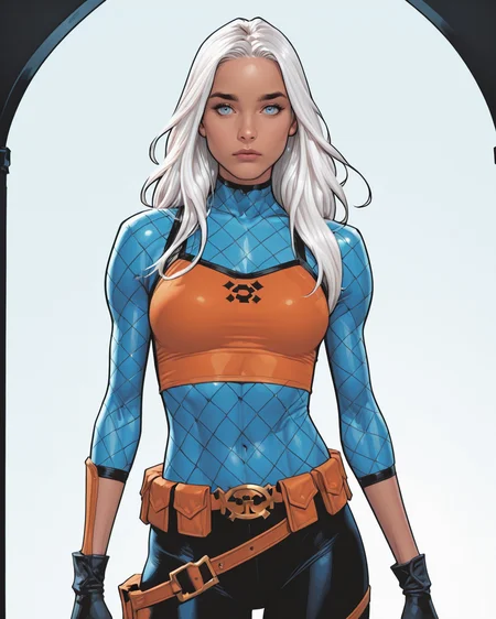 masterpiece, best quality, absurdres, perfect quality, absolutely eye-catching, <lora:JeffSpokesIllus:1> jspokes, <lora:RavagerIllus:0.9> rosewilson, bodysuit, white hair, long hair, crop top, gloves, belt, blue eyes, solo, simple background,