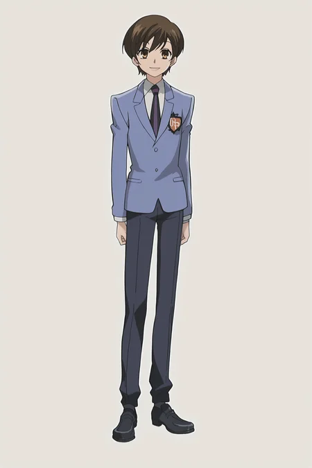 score_9, score_8_up, score_7_up, source_anime, anime screenshot,
 <lora:Haruhi_Fujioka_r1:1>1girl, solo, brown hair, brown eyes, Haruhi blue host outfit, short hair, necktie, school uniform, blue jacket, black pants, shoes,
(full body shot, looking at the viewer, smile, mouth closed),
detailed face, detailed eyes, traditional media, Ouran High School Host Club anime art style, official anime artwork, retro artstyle, 2000s anime look
 <lora:Pony_DetailV2.0:2>