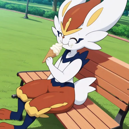 masterpiece, best quality, amazing quality, cinderace, furry, anthro, solo, pokemon (creature), white fur, red fur, blue fur, three-tone fur, red hair tuft, yellow eyebrows, red eyes, white pupils, blue underlines, orange nose, long ears, yellow knee tufts, rabbit tail, paw pads, sitting on bench, eating ice-cream, closed eyes, smile, outdoors, grass, park